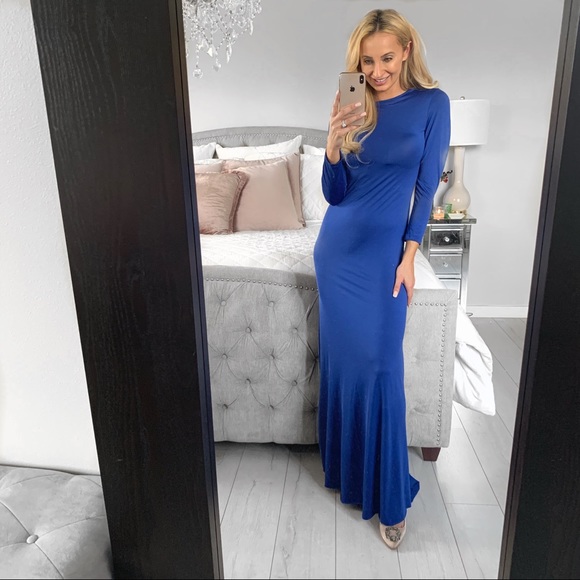 LAST 1!!! Blue Long Sleeve Open Back Formal Dress - Picture 5 of 8